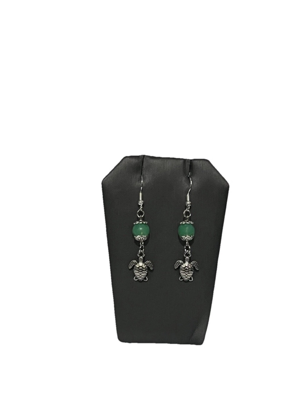 Handcrafted Green Bead Turtle Earrings Silver Tone Beach Boho Gift for Her - Picture 3 of 6